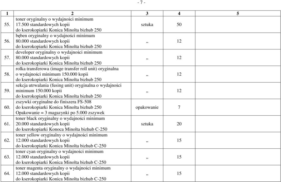 zszywki oryginalne do finiszera FS-508 opakowanie 7 Opakowanie = 3 magazynki po 5.000 zszywek 61. toner black oryginalny o wydajności minimum 20.