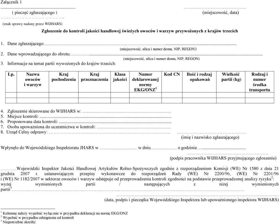 Nazwa owoców i warzyw pochodzenia przeznaczenia Klasa jakości Numer deklarowanej normy EKG/ONZ 1 Kod CN Ilość i rodzaj opakowań Wielkość partii (kg) Rodzaj i numer środka transportu 4.