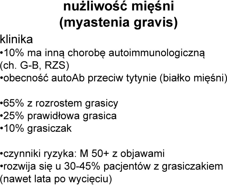 G-B, RZS) obecność autoab przeciw tytynie (białko mięśni) 65% z rozrostem