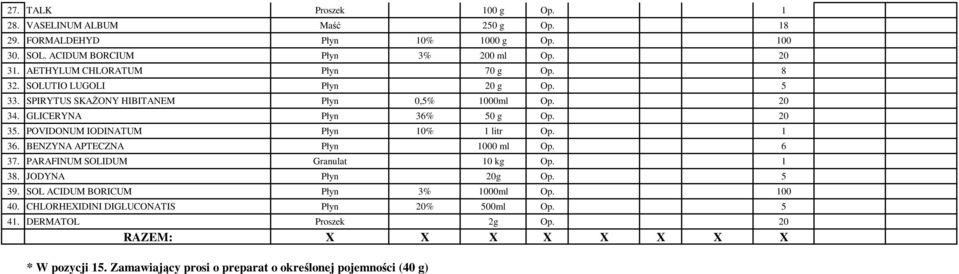 POVIDONUM IODINATUM Płyn 10% 1 litr Op. 1 36. BENZYNA APTECZNA Płyn 1000 ml Op. 6 37. PARAFINUM SOLIDUM Granulat 10 kg Op. 1 38. JODYNA Płyn 20g Op. 5 39.