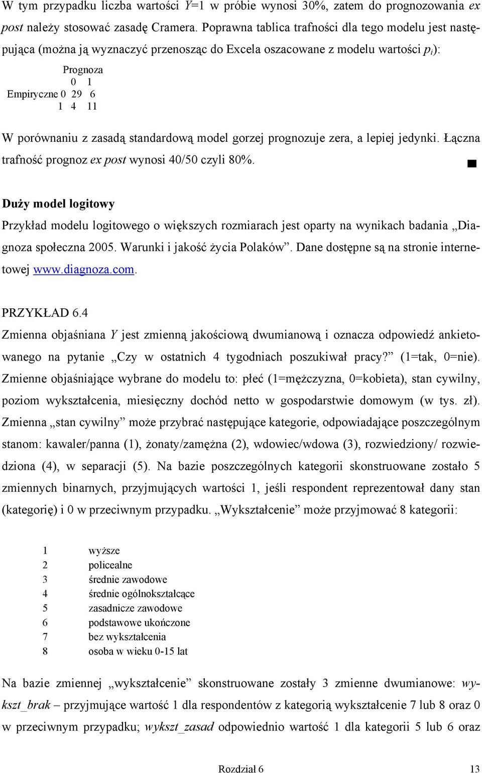 standardową model gorzej prognozuje zera, a lepej jedynk. Łączna trafność prognoz ex post wynos 40/50 czyl 80%.