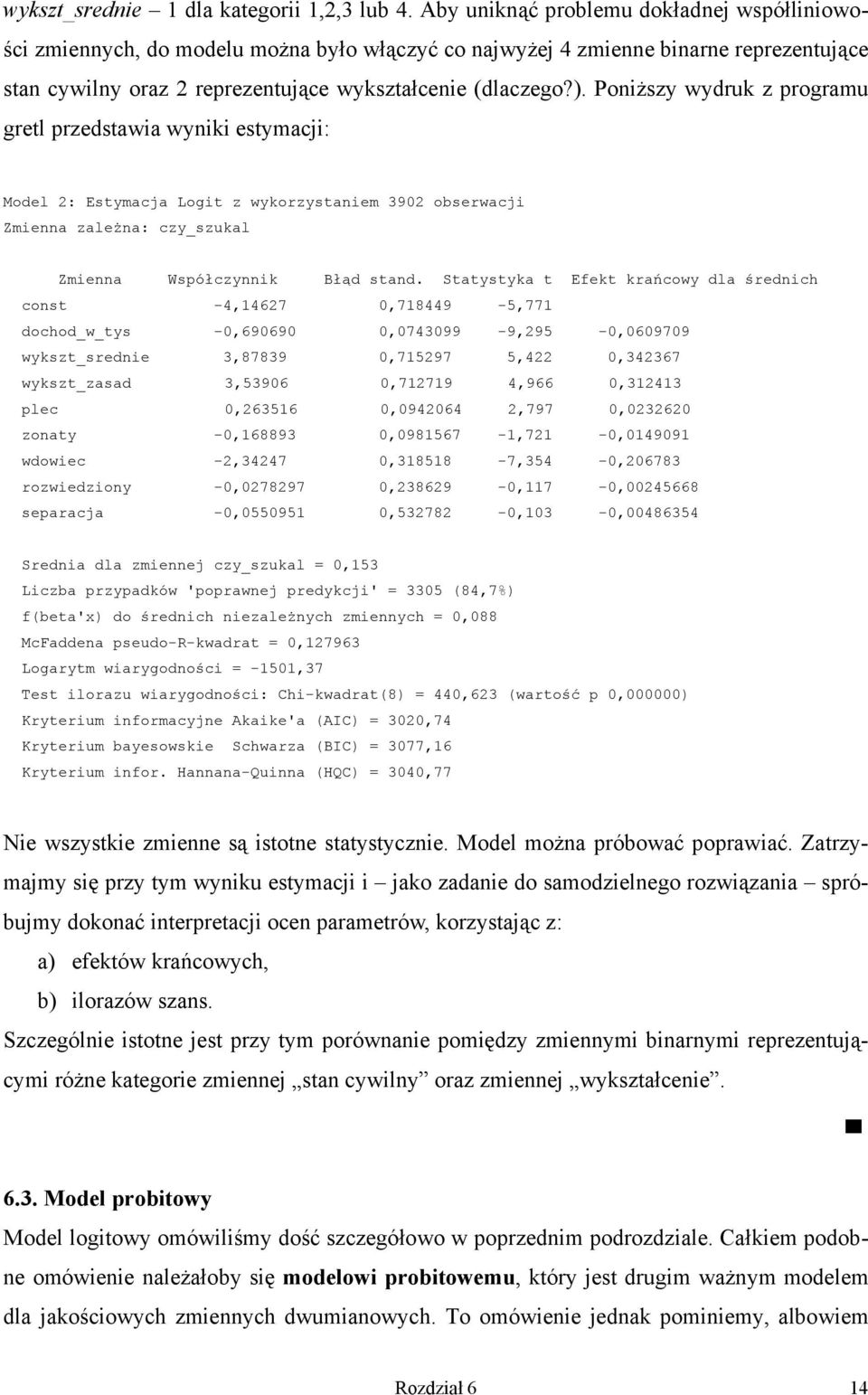 . Ponższy wydruk z programu gretl przedstawa wynk estymacj: Model 2: Estymacja Logt z wykorzystanem 3902 obserwacj Zmenna zależna: czy_szukal Zmenna Współczynnk Błąd stand.