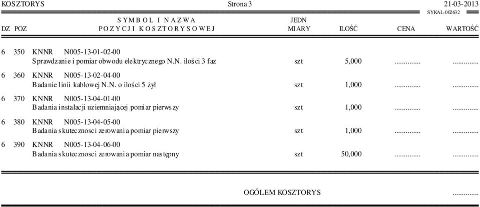 ..... 6 370 KNNR N005-13-04-01-00 Badania instalacji uziemniającej pomiar pierwszy szt 1,000.