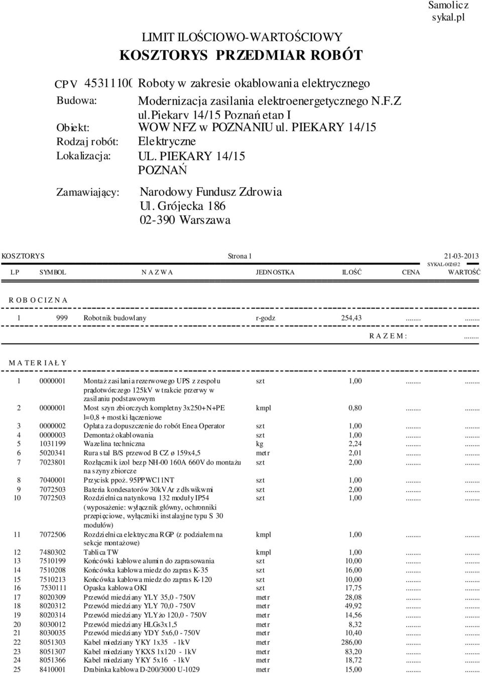 3x250+N+PE kmpl 0,80 l=0,8 + mostki łączeniowe 3 0000002 Opłata za dopuszczenie do robót Enea Operator szt 1,00 4 0000003 Demontaż okablowania szt 1,00 5 1031199 Wazelina techniczna kg 2,24 6 5020341