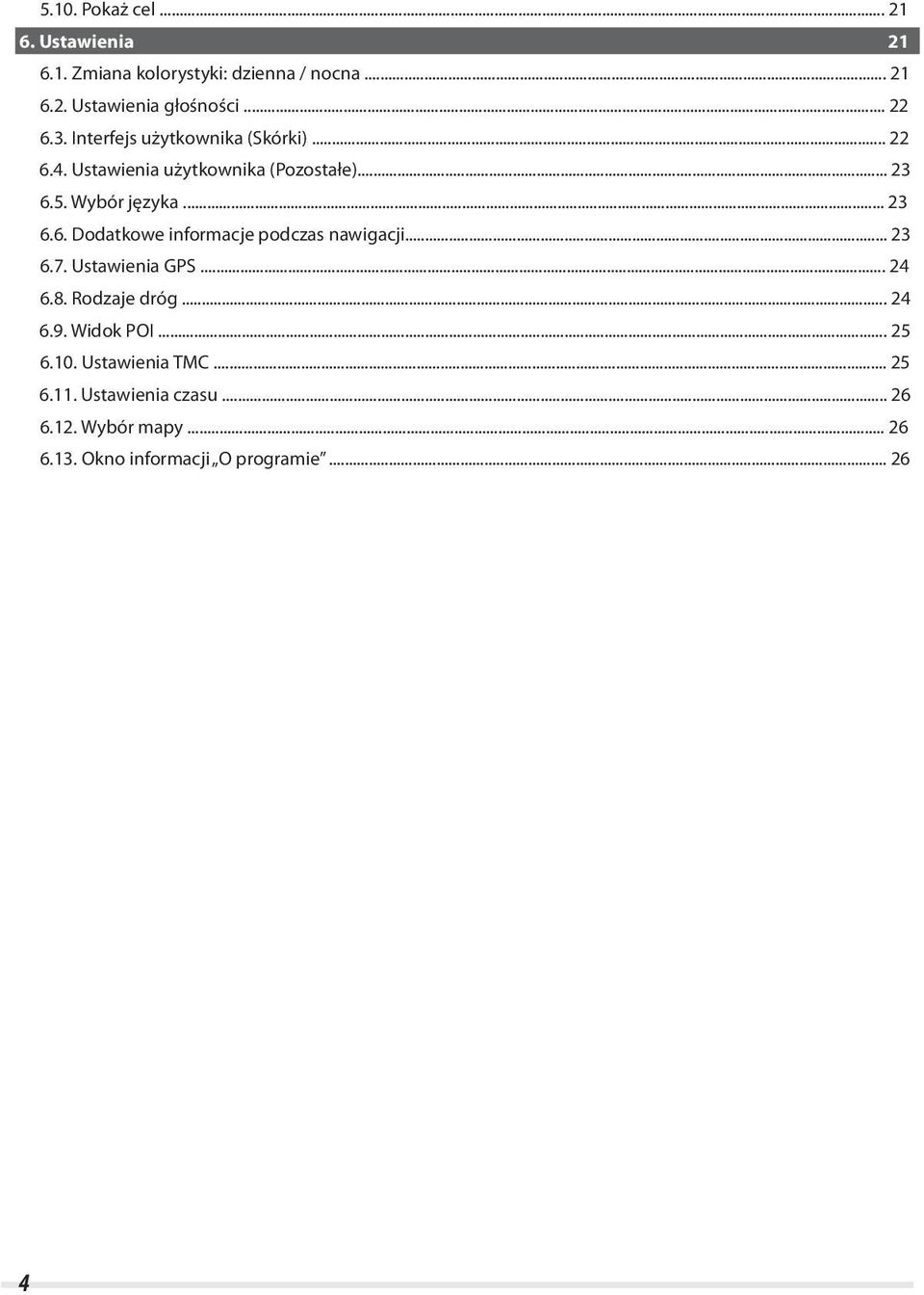 .. 6.7. Ustawienia GPS... 4 6.8. Rodzaje dróg... 4 6.9. Widok POI... 5 6.0. Ustawienia TMC... 5 6.. Ustawienia czasu.