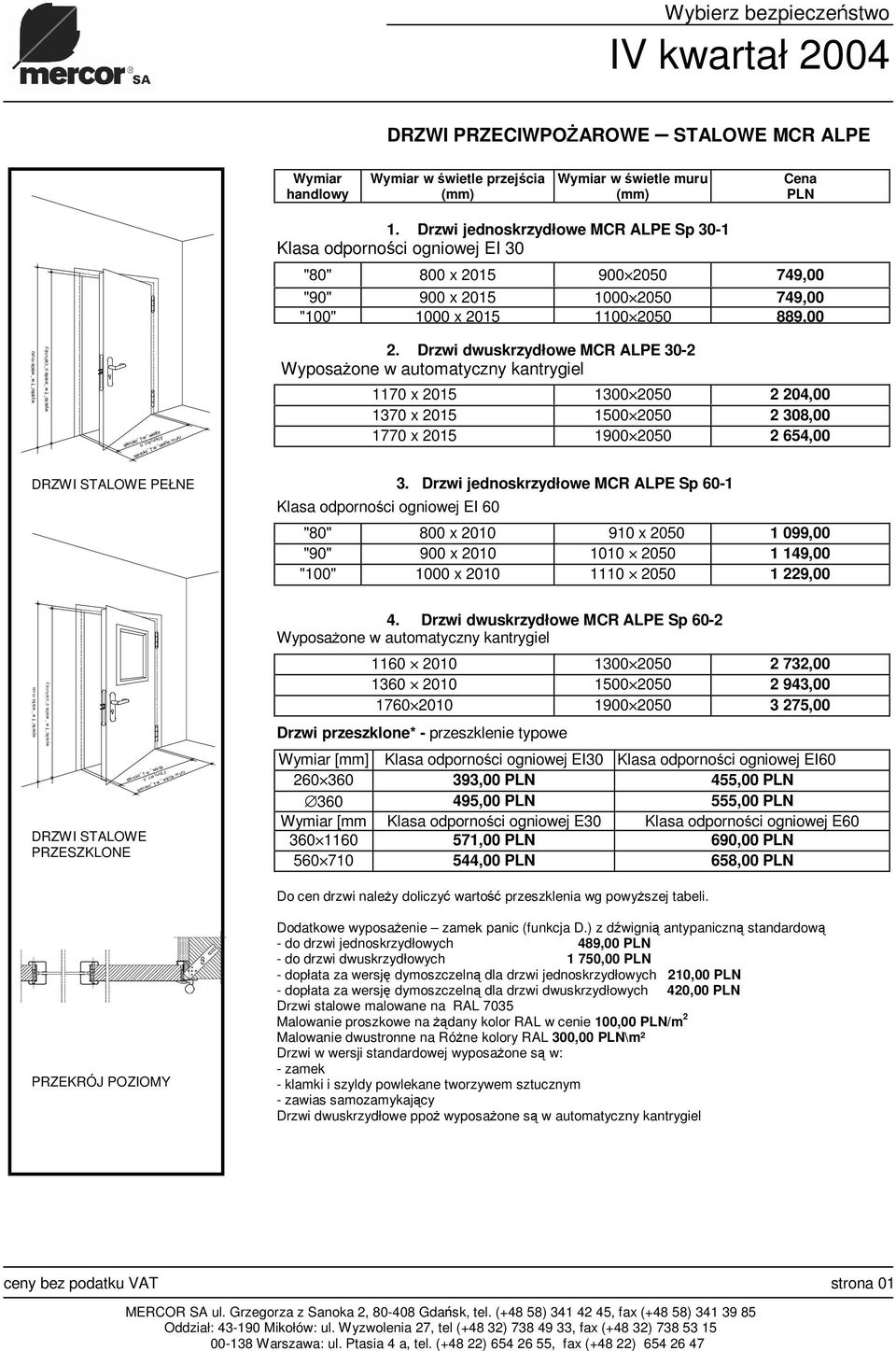 Drzwi dwuskrzydłowe MCR ALPE 30-2 WyposaŜone w automatyczny kantrygiel 1170 x 2015 1300 2050 2 204,00 1370 x 2015 1500 2050 2 308,00 1770 x 2015 1900 2050 2 654,00 DRZWI STALOWE PEŁNE wyso ko w