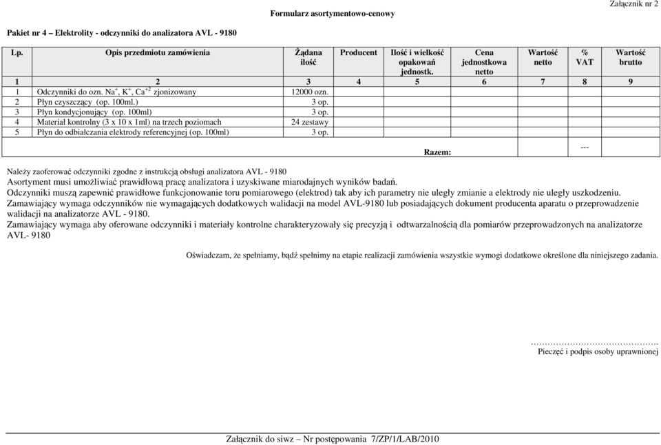 NaleŜy zaoferować odczynniki zgodne z instrukcją obsługi analizatora AVL - 9180 Asortyment musi umoŝliwiać prawidłową pracę analizatora i uzyskiwane miarodajnych wyników badań.