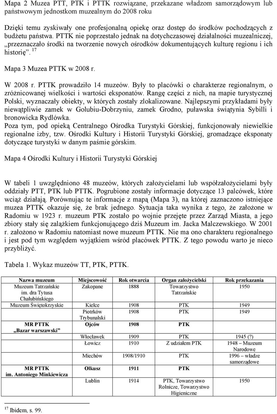 PTTK nie poprzestało jednak na dotychczasowej działalności muzealniczej, przeznaczało środki na tworzenie nowych ośrodków dokumentujących kulturę regionu i ich historię. 17 Mapa 3 Muzea PTTK w 2008 r.