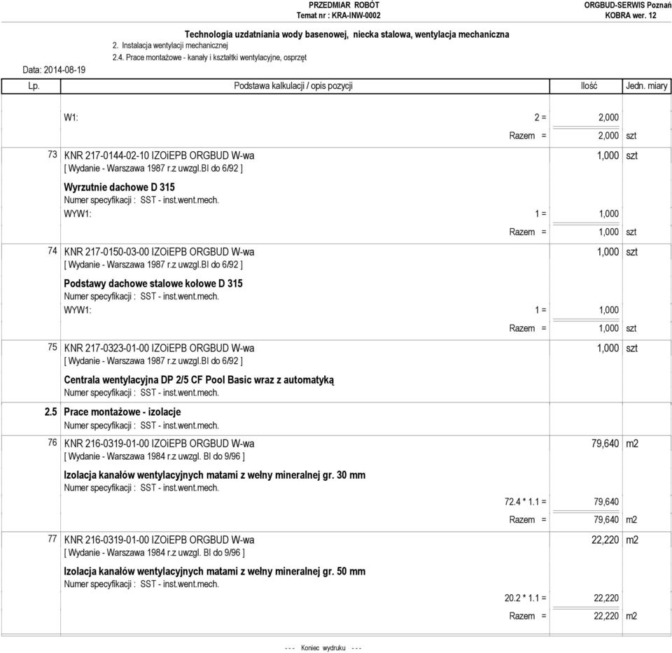 szt 74 KNR 217-0150-03-00 IZOiEPB ORGBUD W-wa 1,000 szt Podstawy dachowe stalowe kołowe D 315 WYW1: 1 = 1,000 Razem = 1,000 szt 75 KNR 217-0323-01-00 IZOiEPB ORGBUD W-wa 1,000 szt Centrala