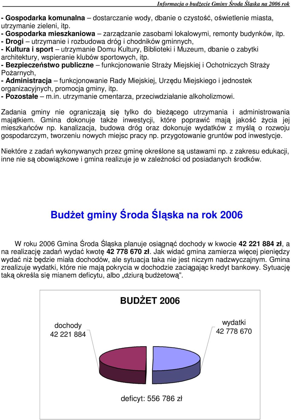 - Bezpieczeństwo publiczne funkcjonowanie StraŜy Miejskiej i Ochotniczych StraŜy PoŜarnych, - Administracja funkcjonowanie Rady Miejskiej, Urzędu Miejskiego i jednostek organizacyjnych, promocja