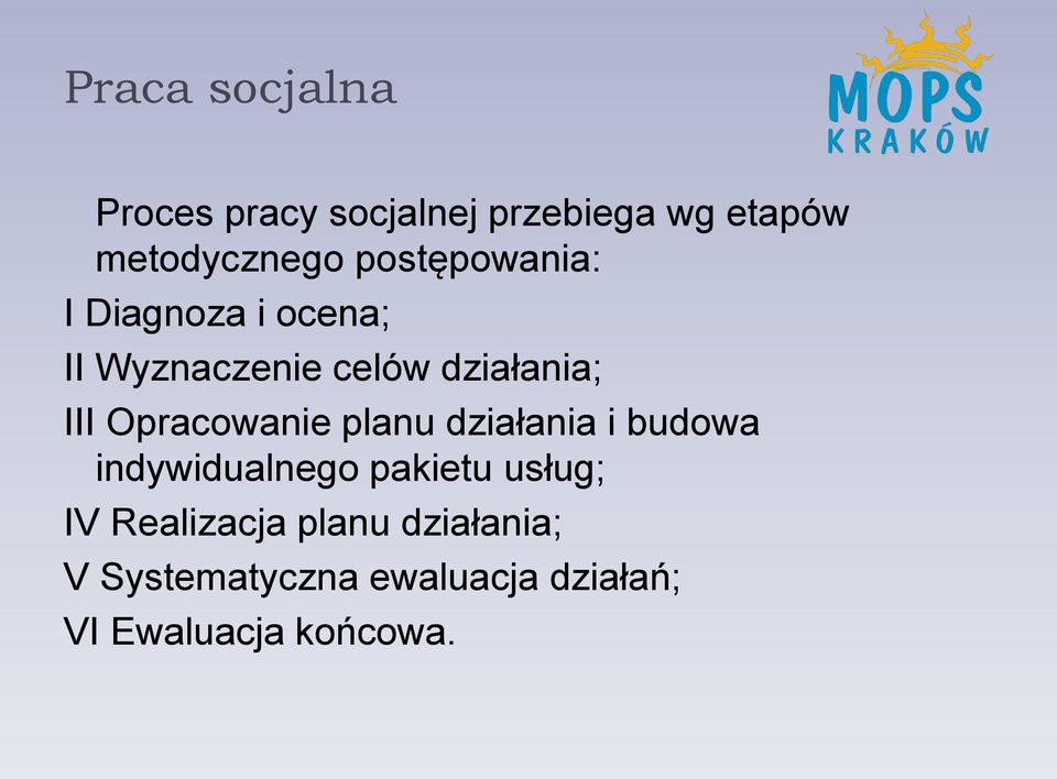 Opracowanie planu działania i budowa indywidualnego pakietu usług; IV