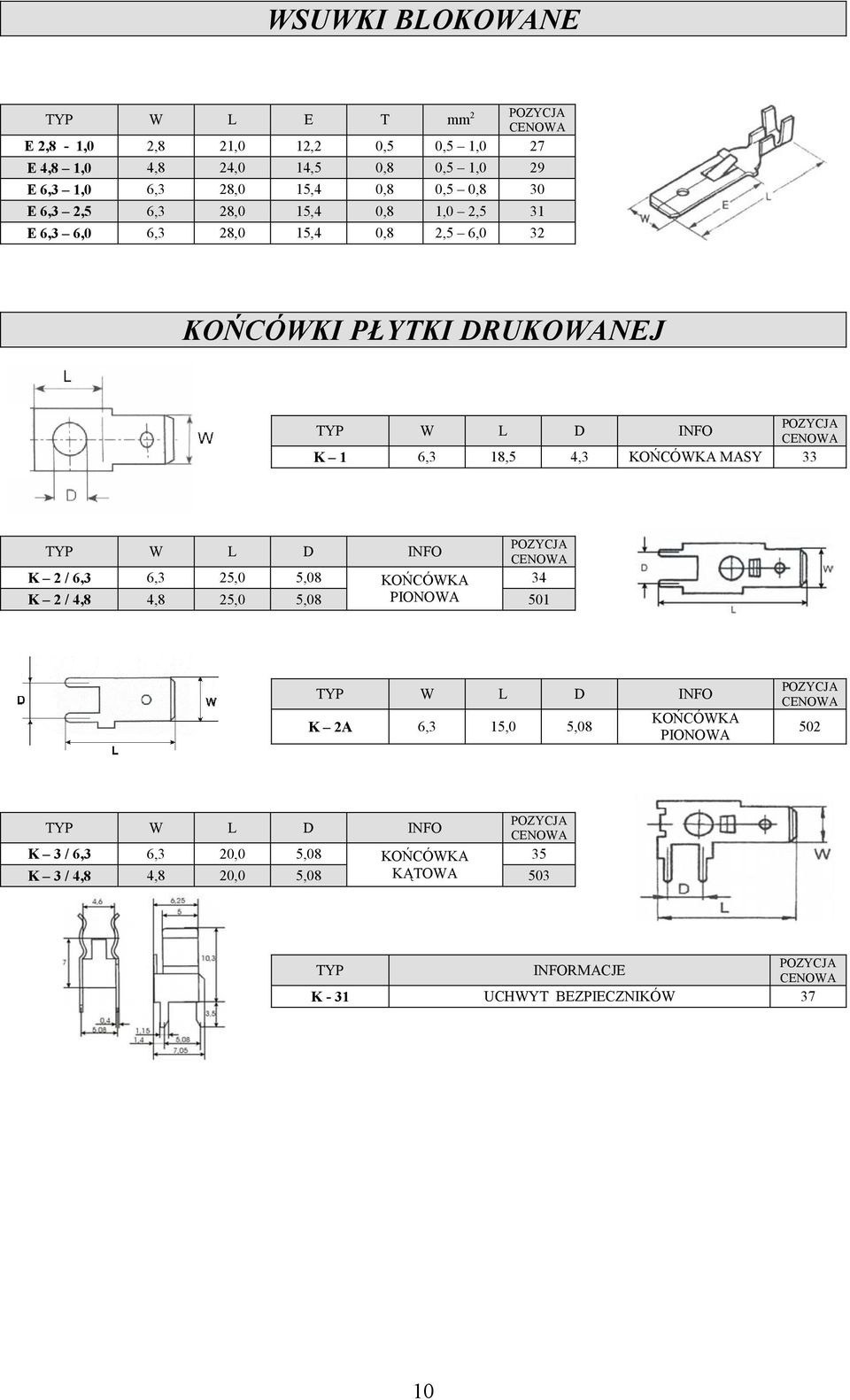 KOŃCÓWKA MASY 33 W L D INFO K 2 / 6,3 6,3 25,0 5,08 KOŃCÓWKA 34 K 2 / 4,8 4,8 25,0 5,08 PIONOWA 501 W L D INFO K 2A 6,3 15,0 5,08 KOŃCÓWKA