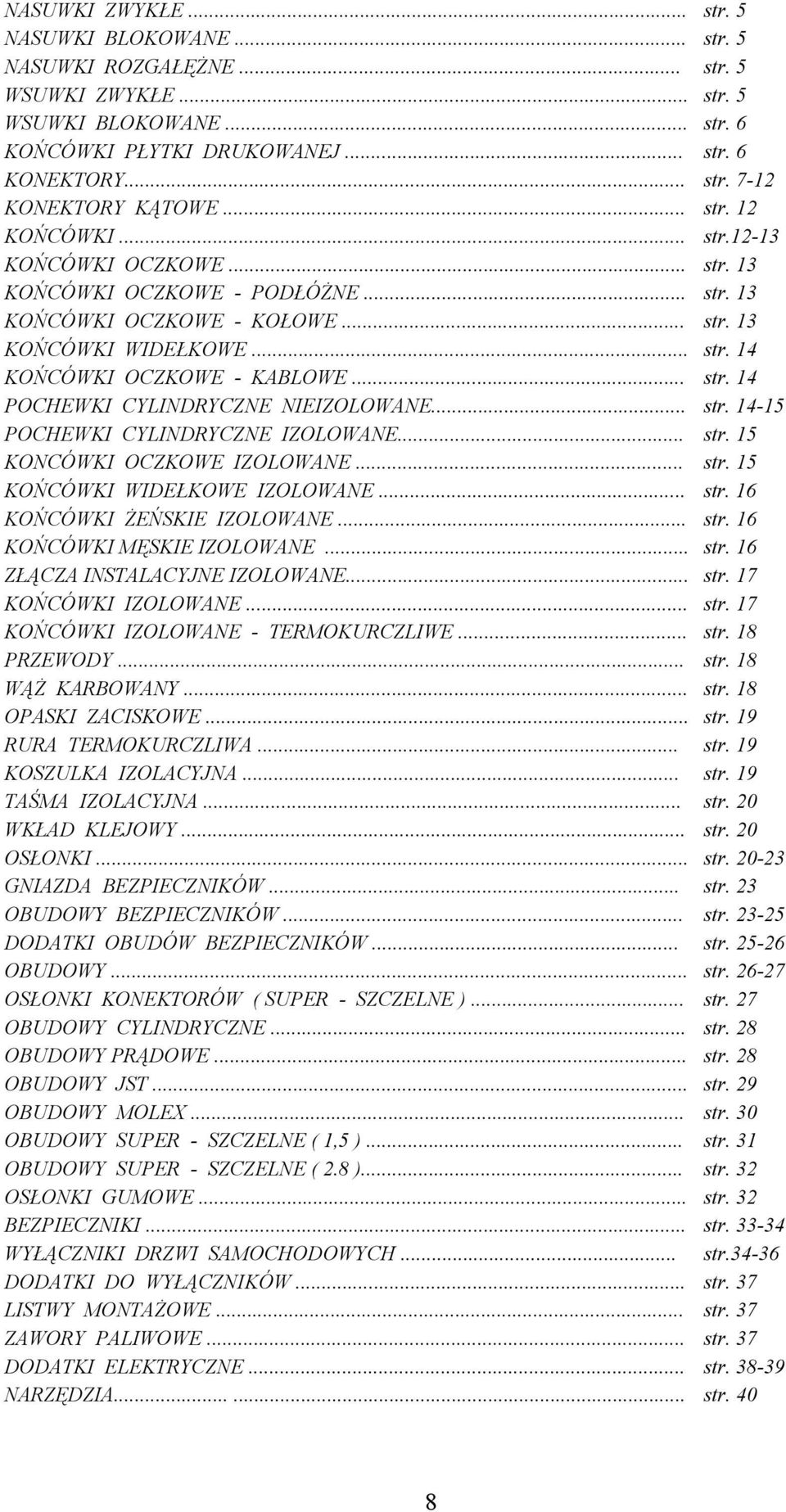 .. str. 14-15 POCHEWKI CYLINDRYCZNE IZOLOWANE... str. 15 KONCÓWKI OCZKOWE IZOLOWANE... str. 15 KOŃCÓWKI WIDEŁKOWE IZOLOWANE... str. 16 KOŃCÓWKI śeńskie IZOLOWANE... str. 16 KOŃCÓWKI MĘSKIE IZOLOWANE.