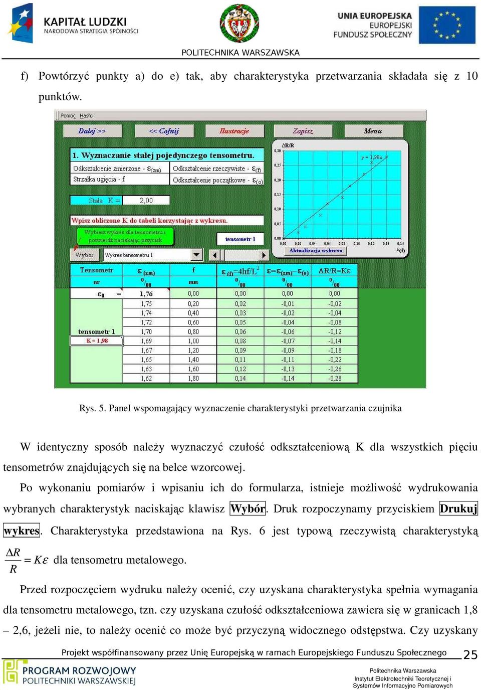 wzorcowej. Po wykonaniu pomiarów i wpisaniu ich do formularza, istnieje możliwość wydrukowania wybranych charakterystyk naciskając klawisz Wybór. Druk rozpoczynamy przyciskiem Drukuj wykres.