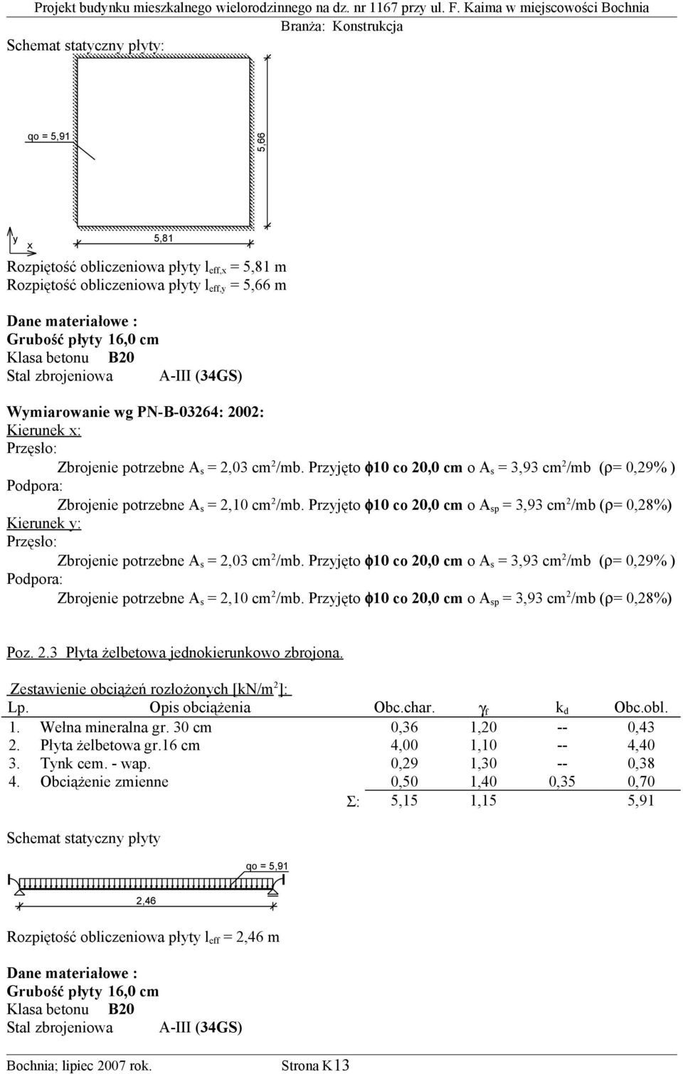 Przyjęto φ10 co 20,0 cm o A sp = 3,93 cm 2 /mb (ρ= 0,28%) Kierunek y: Zbrojenie potrzebne A s = 2,10 cm 2 /mb. Przyjęto φ10 co 20,0 cm o A sp = 3,93 cm 2 /mb (ρ= 0,28%) Poz. 2.3 Płyta żelbetowa jednokierunkowo zbrojona.