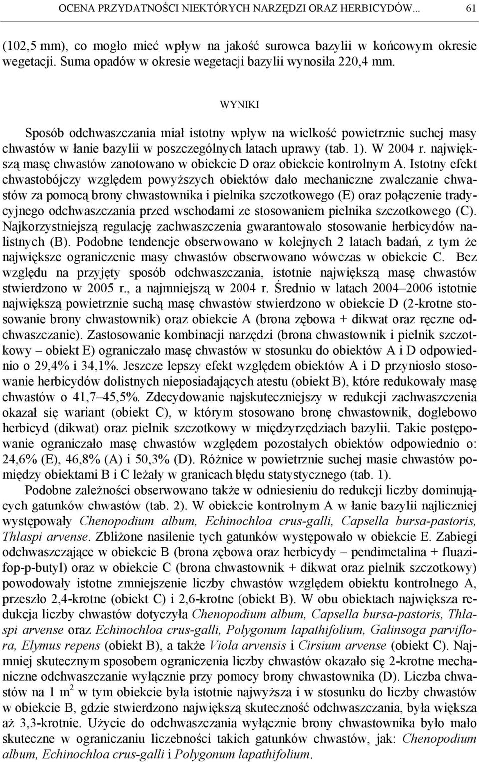 WYNIKI Sposób odchwaszczania miał istotny wpływ na wielkość powietrznie suchej masy chwastów w łanie bazylii w poszczególnych latach uprawy (tab. 1). W 2004 r.