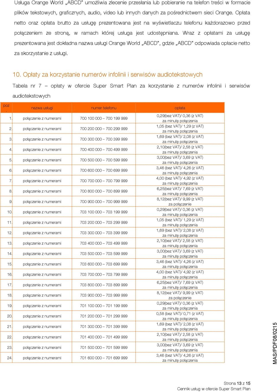 Wraz z opłatami za usługę prezentowana jest dokładna nazwa usługi Orange World ABCD, gdzie ABCD odpowiada opłacie netto za skorzystanie z usługi. poz. 10.