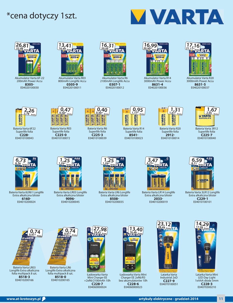 Varta R6 2100mAh Longlife Accu 0307-1 E04020100012 Akumulator Varta R14 3000mAh Power Accu 8631-4 E04020100036 Akumulator Varta R20 3000mAh Power Accu 8631-5 E04020100037 2,26 2,78 0,47 0,58* 0,40