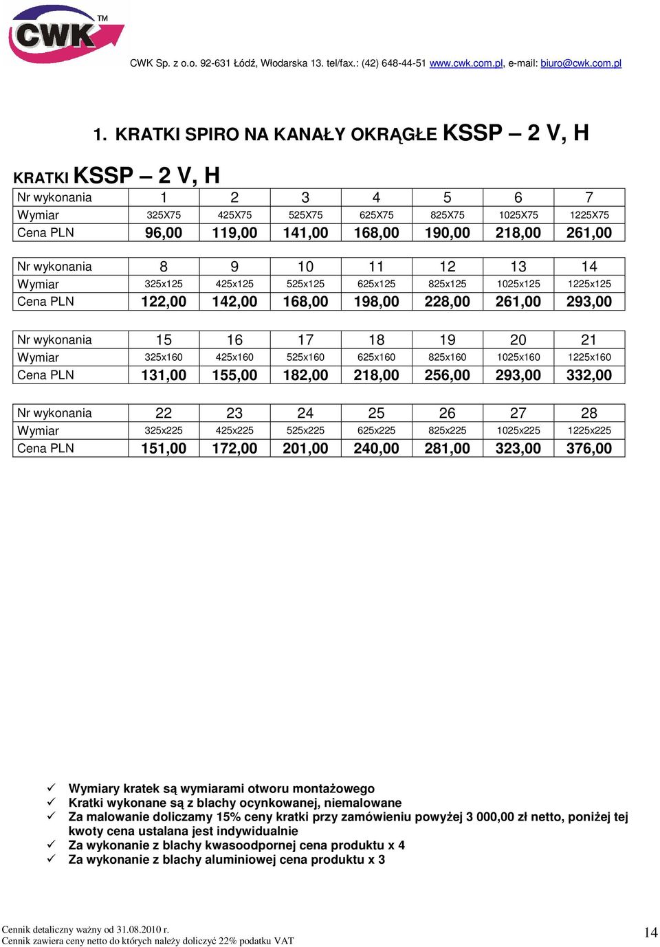 Wymiar 325x160 425x160 525x160 625x160 825x160 1025x160 1225x160 Cena PLN 131,00 155,00 182,00 218,00 256,00 293,00 332,00 Nr wykonania 22 23 24 25 26 27 28 Wymiar 325x225 425x225 525x225 625x225