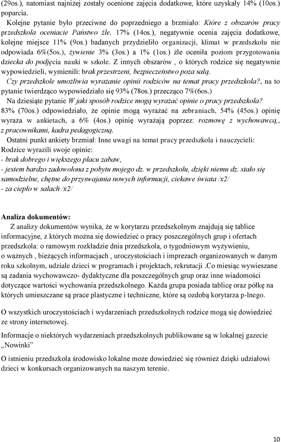 ) badanych przydzieliło organizacji, klimat w przedszkolu nie odpowiada 6%(5os.), żywienie 3% (3os.) a 1% (1os.) źle oceniła poziom przygotowania dziecka do podjęcia nauki w szkole.