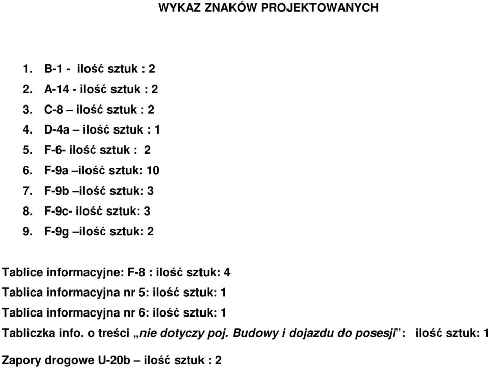 F-9g ilość sztuk: 2 Tablice informacyjne: F-8 : ilość sztuk: 4 Tablica informacyjna nr 5: ilość sztuk: 1 Tablica