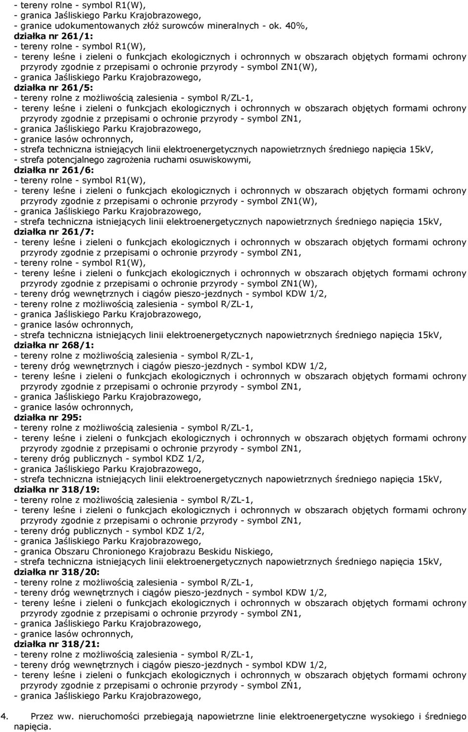 R1(W), działka nr 261/7: - tereny rolne - symbol R1(W), - tereny dróg wewnętrznych i ciągów pieszo-jezdnych - symbol KDW 1/2, - granice lasów ochronnych, działka nr 268/1: - tereny dróg wewnętrznych