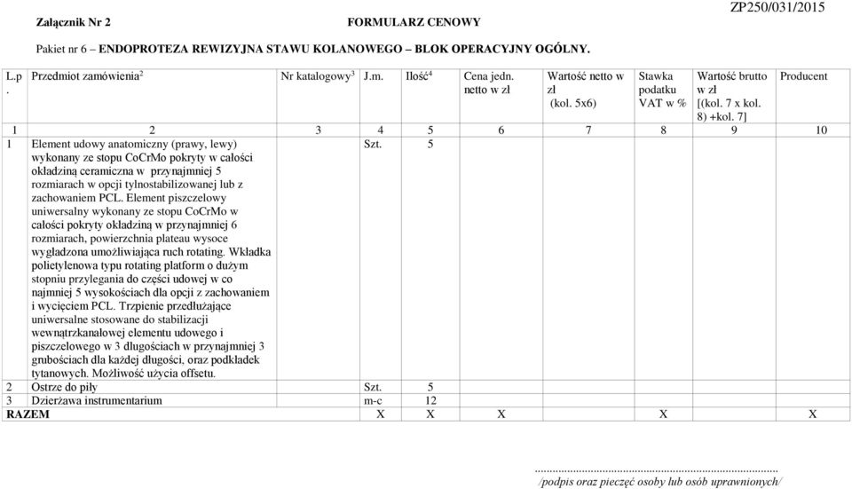 stopu CoCrMo w całości pokryty okładziną w przynajmniej 6 rozmiarach, powierzchnia plateau wysoce wygładzona umożliwiająca ruch rotating Wkładka polietylenowa typu rotating platform o dużym stopniu