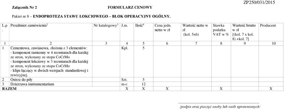 dla każdej ze stron, wykonany ze stopu CoCrMo - komponent łokciowy w 3 rozmiarach dla każdej ze stron, wykonany ze stopu