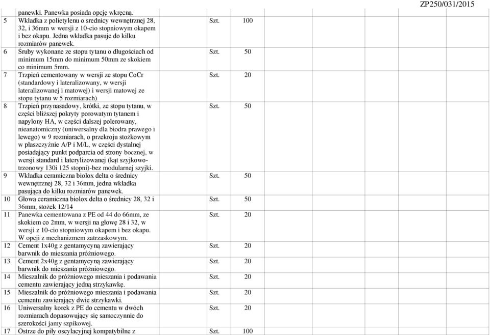 lateralizowanej i matowej) i wersji matowej ze stopu tytanu w 5 rozmiarach) 8 Trzpień przynasadowy, krótki, ze stopu tytanu, w 0 części bliższej pokryty porowatym tytanem i napylony HA, w części