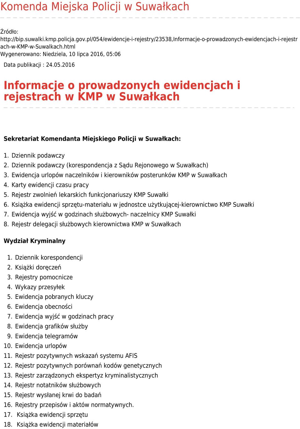 Dziennik podawczy Dziennik podawczy (korespondencja z Sądu Rejonowego w Suwałkach) Ewidencja urlopów naczelników i kierowników posterunków KMP w Suwałkach Karty ewidencji czasu pracy Rejestr zwolnień