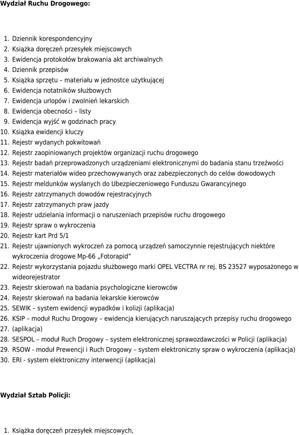 notatników służbowych Ewidencja urlopów i zwolnień lekarskich Ewidencja obecności listy Ewidencja wyjść w godzinach pracy Książka ewidencji kluczy Rejestr wydanych pokwitowań Rejestr zaopiniowanych