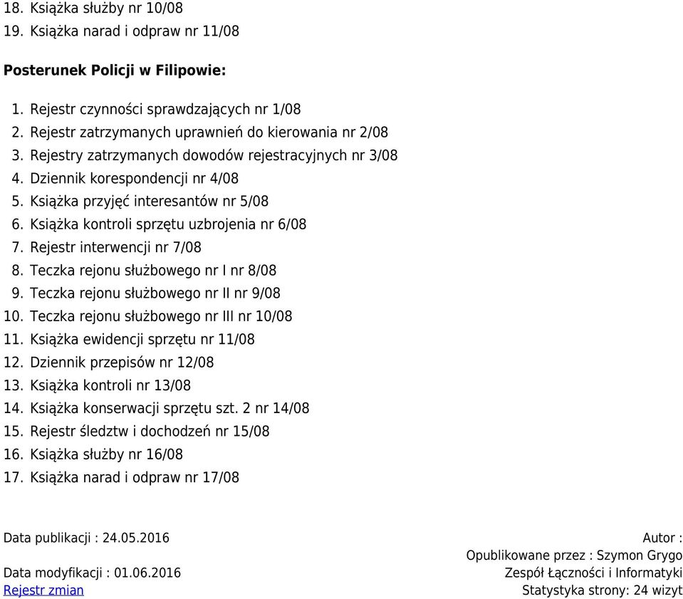 Teczka rejonu służbowego nr I nr 8/08 Teczka rejonu służbowego nr II nr 9/08 Teczka rejonu służbowego nr III nr 10/08 Książka ewidencji sprzętu nr 11/08 Dziennik przepisów nr 12/08 Książka kontroli