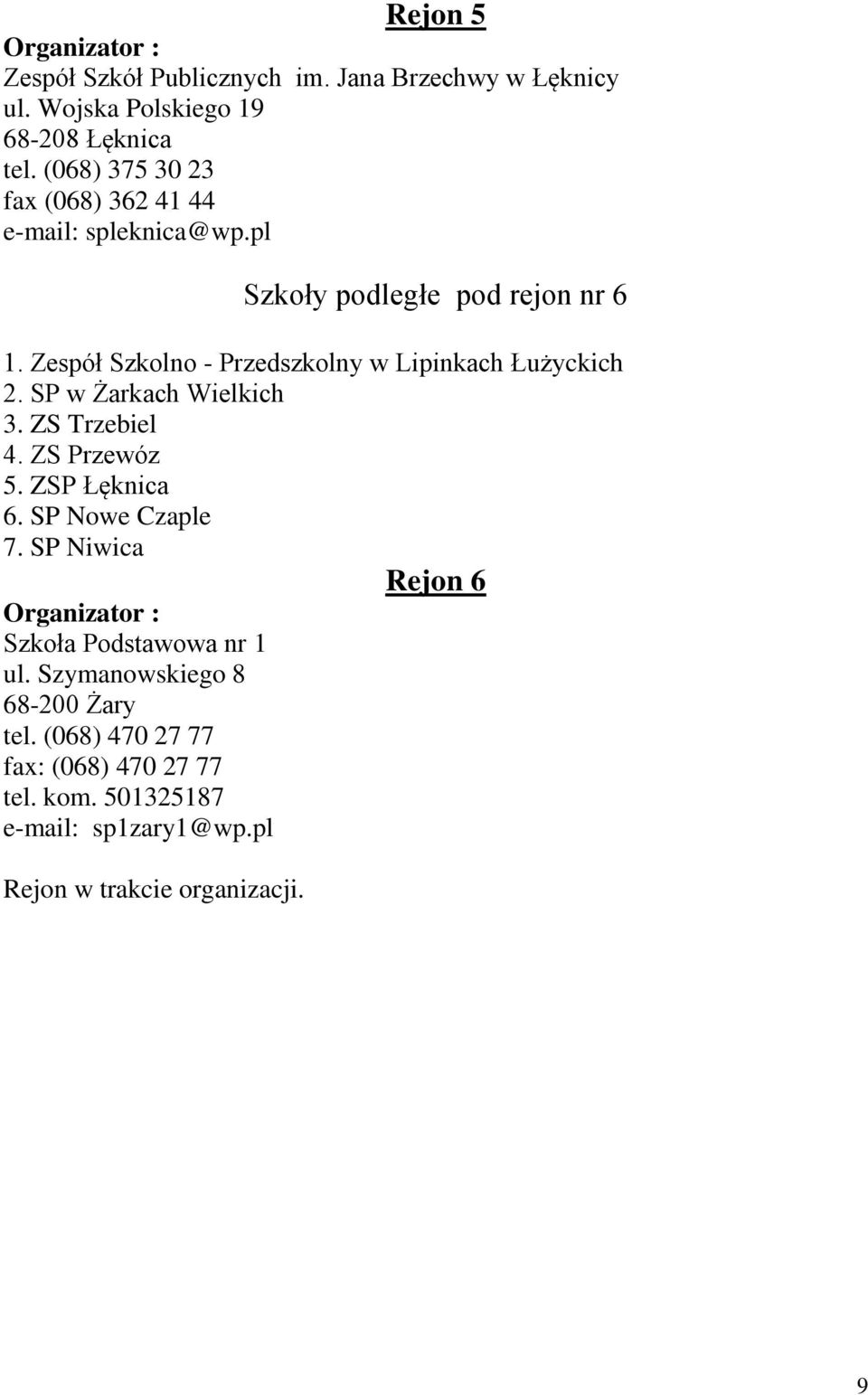 Zespół Szkolno - Przedszkolny w Lipinkach Łużyckich 2. SP w Żarkach Wielkich 3. ZS Trzebiel 4. ZS Przewóz 5. ZSP Łęknica 6.