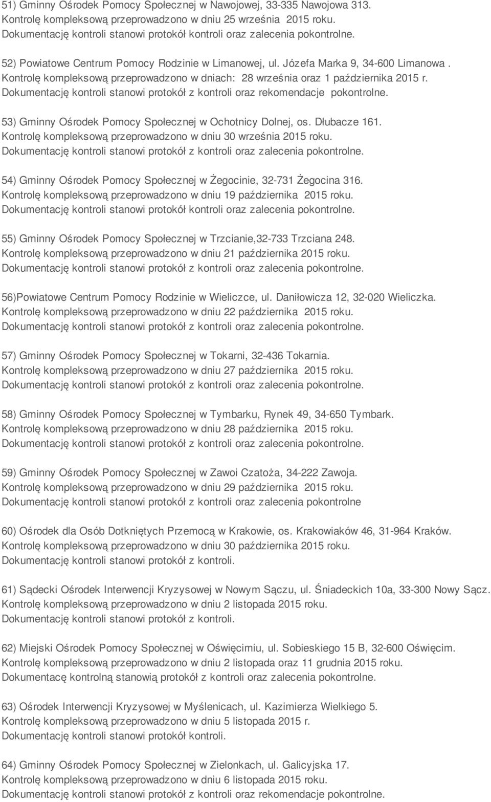 Kontrolę kompleksową przeprowadzono w dniu 30 września 2015 roku. 54) Gminny Ośrodek Pomocy Społecznej w Żegocinie, 32-731 Żegocina 316.