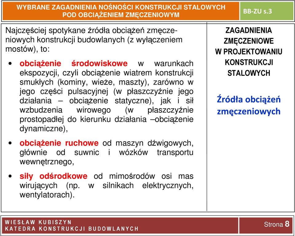 płaszczyźnie prostopadłej do kierunku działania obciążenie dynamiczne), obciążenie ruchowe od maszyn dźwigowych, głównie od suwnic i wózków transportu wewnętrznego, siły