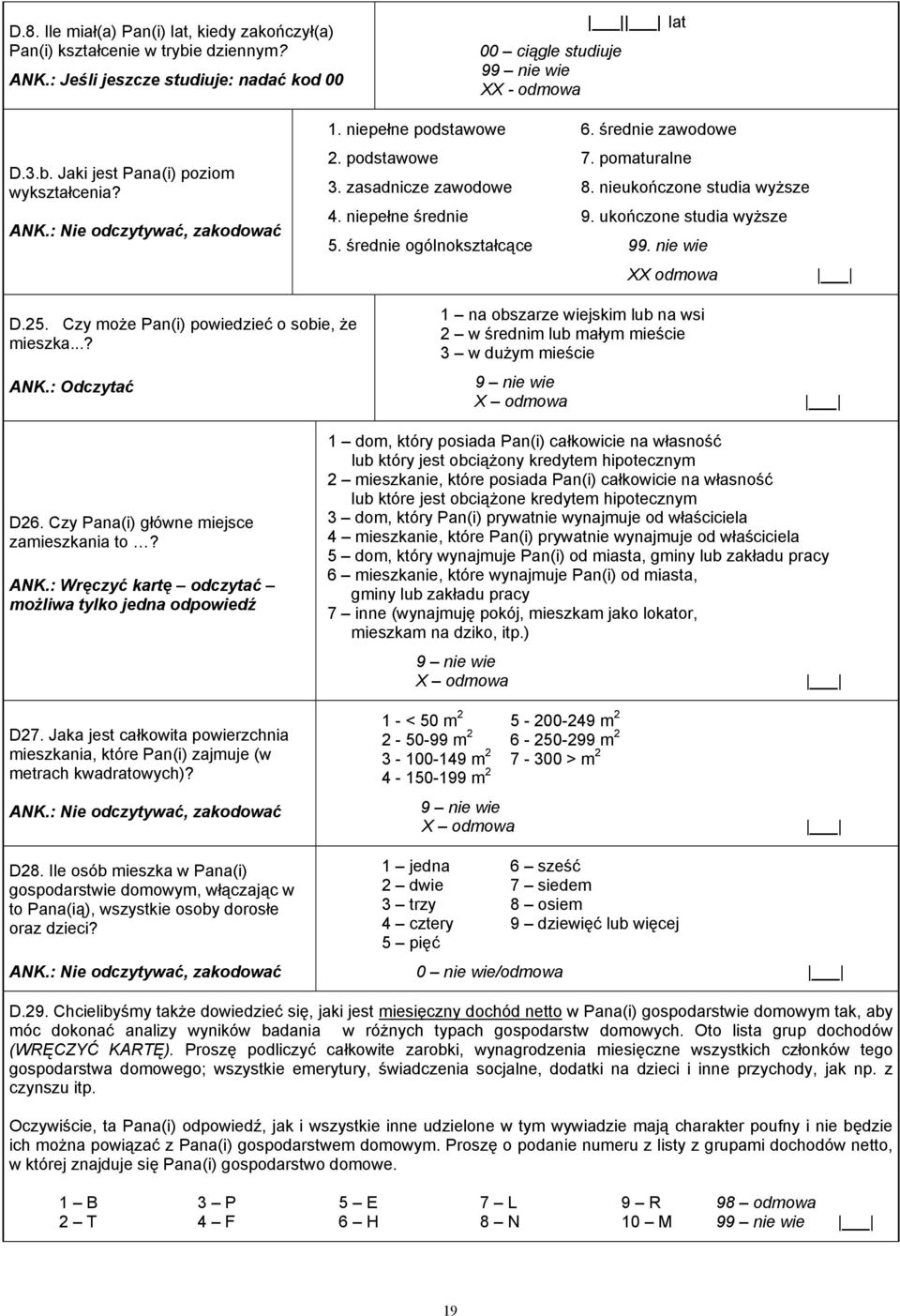 ukończone studia wyższe 5. średnie ogólnokształcące 99. nie wie XX odmowa D.25. Czy może Pan(i) powiedzieć o sobie, że mieszka...? ANK.