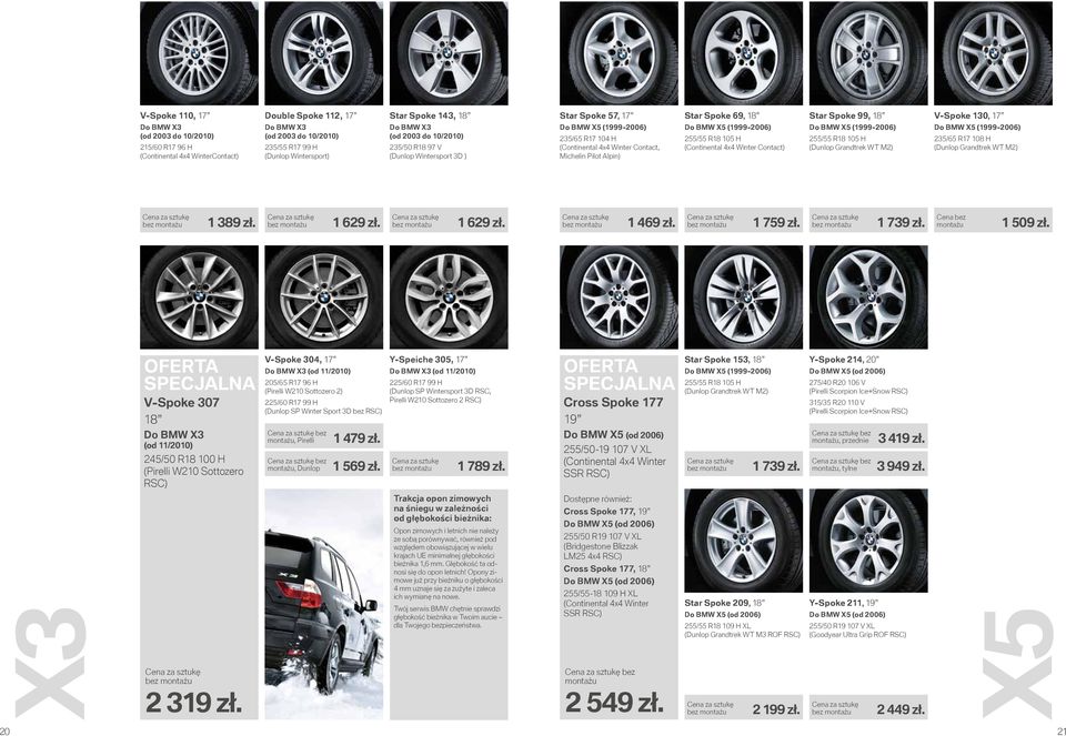 69, 18 Do BMW X5 (1999-2006) 255/55 R18 105 H (Continental 4x4 Winter Contact) Star Spoke 99, 18 Do BMW X5 (1999-2006) 255/55 R18 105 H (Dunlop Grandtrek WT M2) V-Spoke 130, 17 Do BMW X5 (1999-2006)