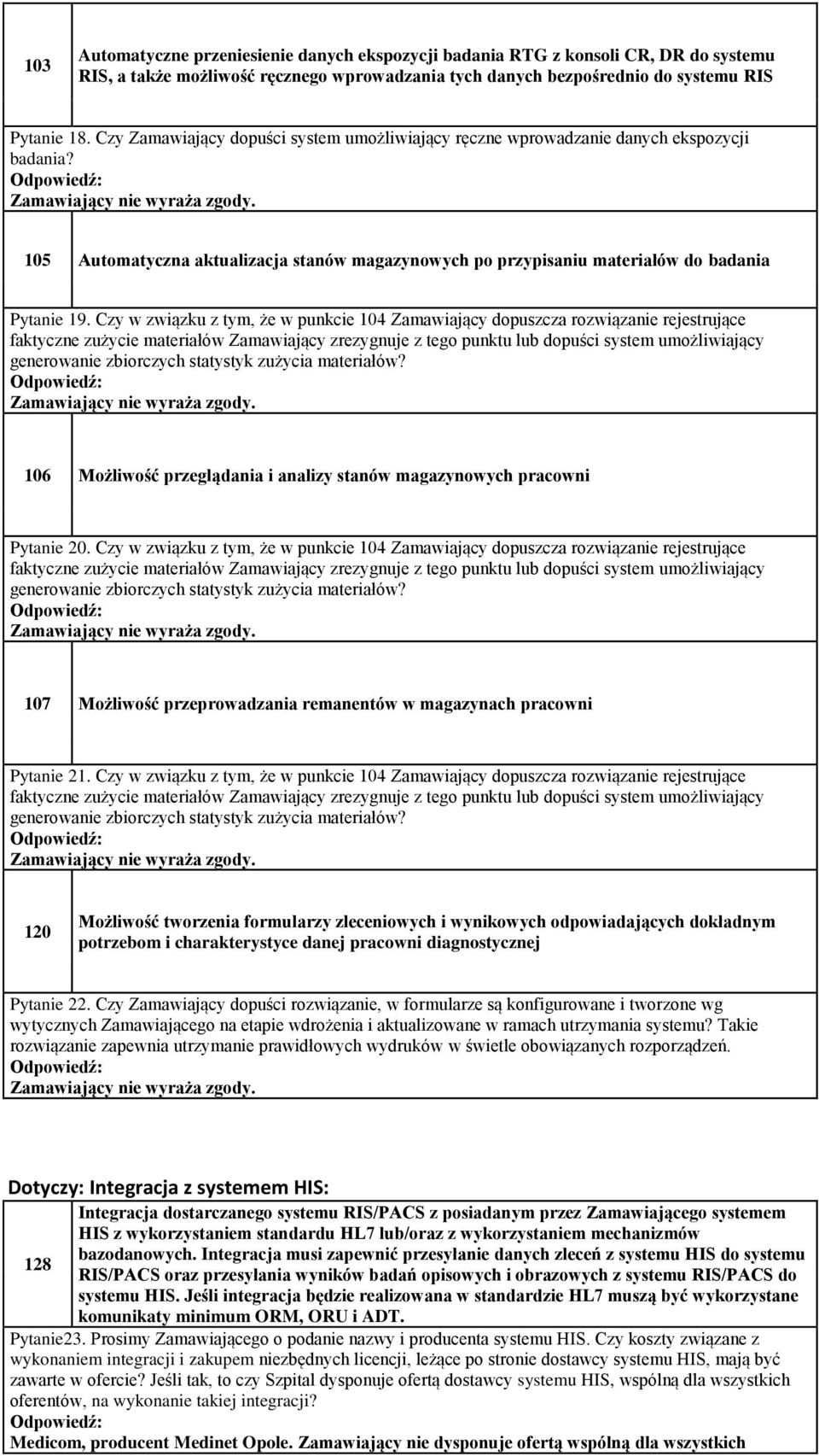 Czy w związku z tym, że w punkcie 104 Zamawiający dopuszcza rozwiązanie rejestrujące faktyczne zużycie materiałów Zamawiający zrezygnuje z tego punktu lub dopuści system umożliwiający generowanie