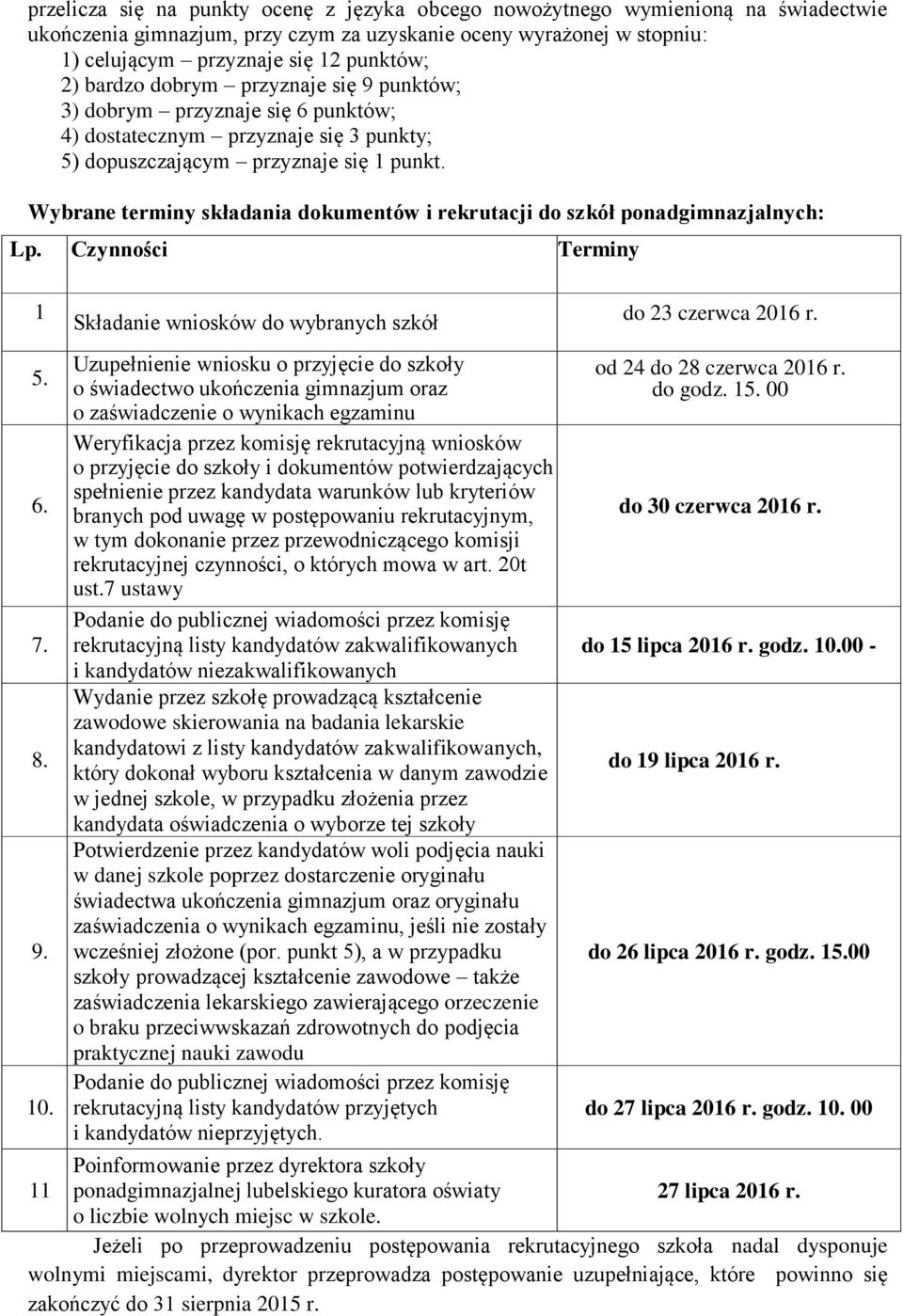 Wybrane terminy składania dokumentów i rekrutacji do szkół ponadgimnazjalnych: Lp. Czynności Terminy 1 5. 6. 7. 8. 9. 10.