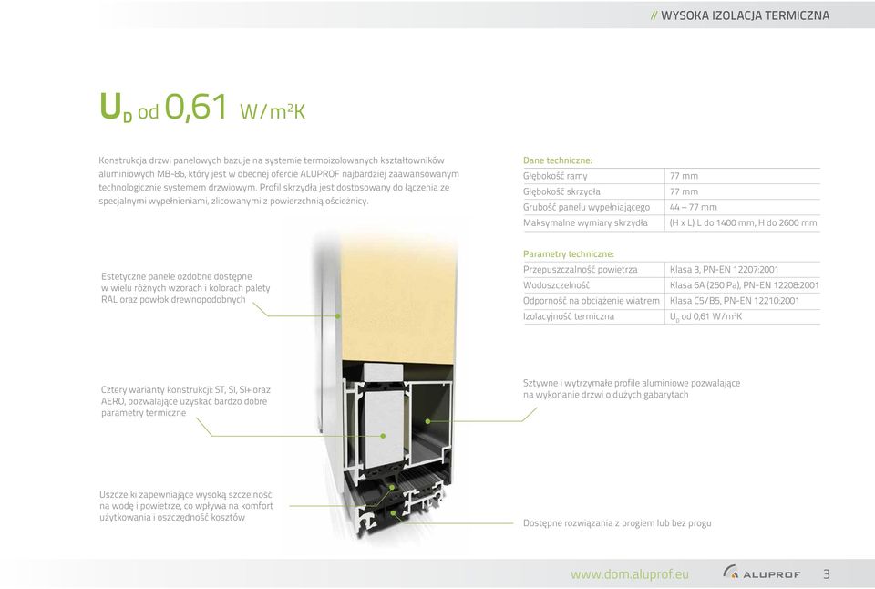 Dane techniczne: Głębokość ramy Głębokość skrzydła Grubość panelu wypełniającego Maksymalne wymiary skrzydła 77 mm 77 mm 44 77 mm (H x L) L do 1400 mm, H do 2600 mm Estetyczne panele ozdobne dostępne