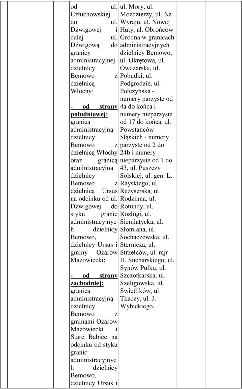 i ul. Mory, ul. Moździerzy, ul. Na Wyraju, ul. Nowej Huty, al. Obrońców Grodna w granicach administracyjnych Bemowo, ul. Okrętowa, ul. Owczarska, ul. Pobudki, ul. Podgrodzie, ul.