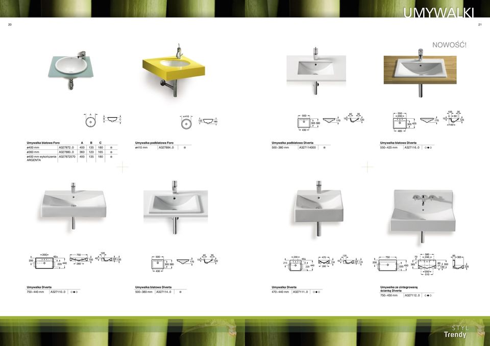 .0 Umywalka podblatowa Diverta 500 380 mm A327114000 Umywalka blatowa Diverta 550 425 mm A327116.