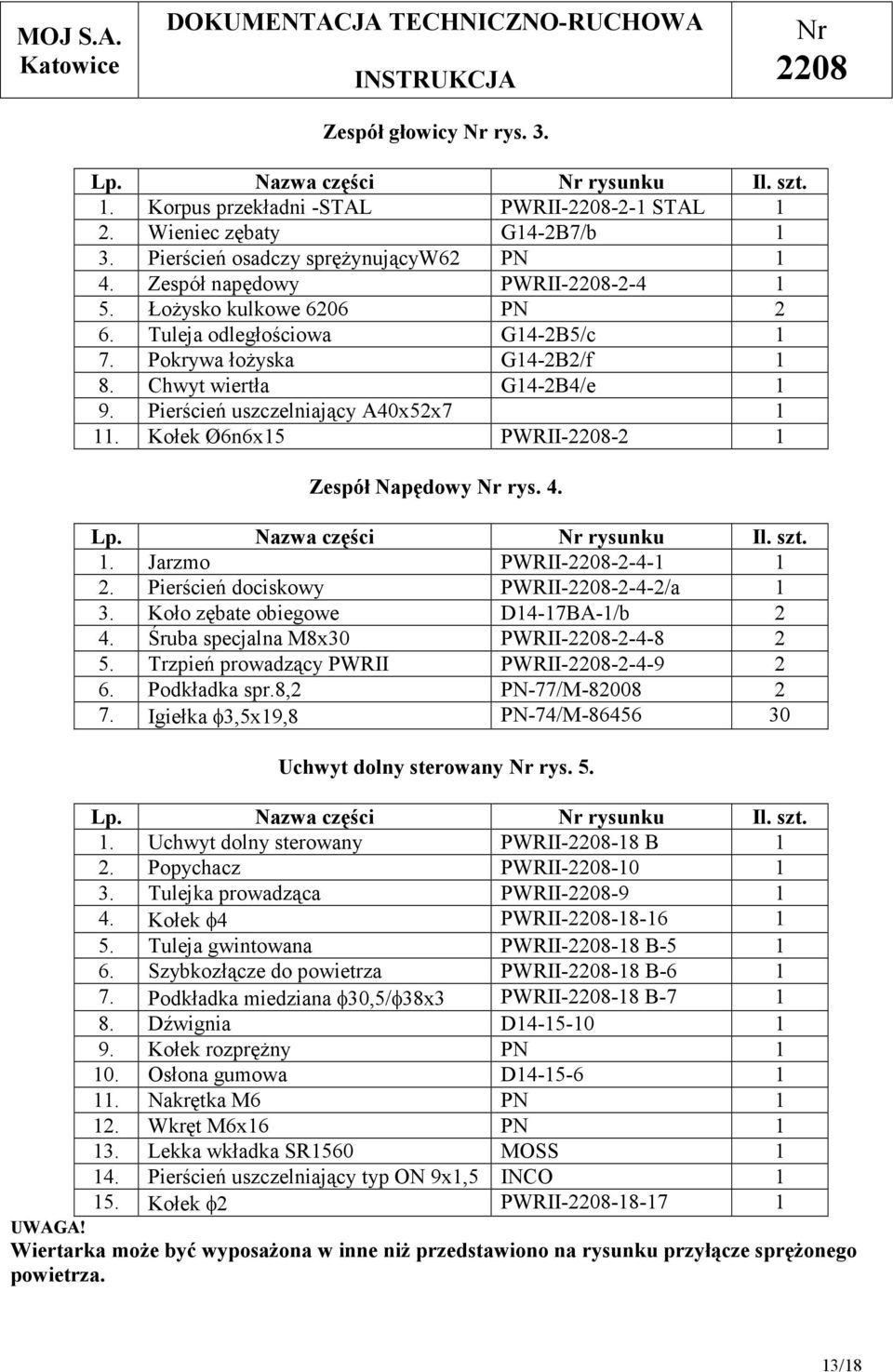 Kołek Ø6n6x15 PWRII--2 1 Zespół Napędowy rys. 4. Lp. Nazwa części rysunku Il. szt. 1. Jarzmo PWRII--2-4-1 1 2. Pierścień dociskowy PWRII--2-4-2/a 1 3. Koło zębate obiegowe D14-17BA-1/b 2 4.