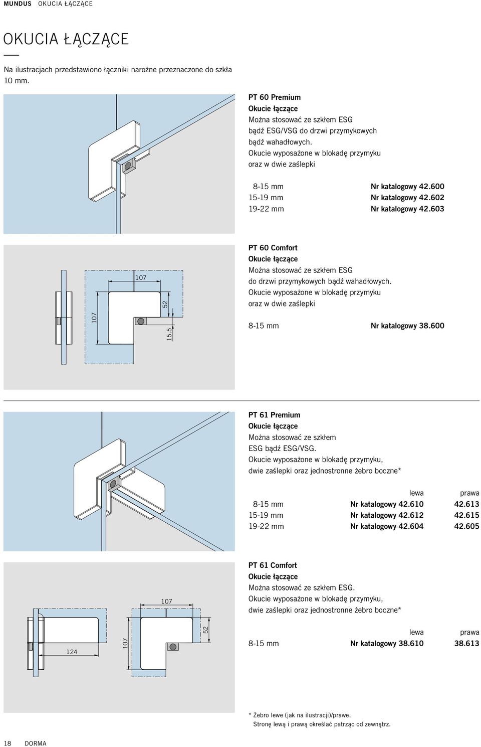 600 15-19 mm Nr katalogowy 42.602 19-22 mm Nr katalogowy 42.603 107 52 PT 60 Comfort Okucie łączące Można stosować ze szkłem ESG do drzwi przymykowych bądź wahadłowych.