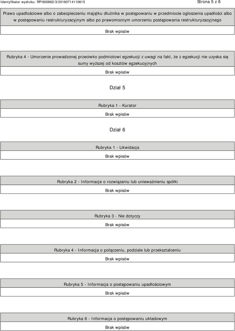 sumy wyższej od kosztów egzekucyjnych Dział 5 Rubryka 1 - Kurator Dział 6 Rubryka 1 - Likwidacja Rubryka 2 - Informacje o rozwiązaniu lub unieważnieniu spółki Rubryka 3 -