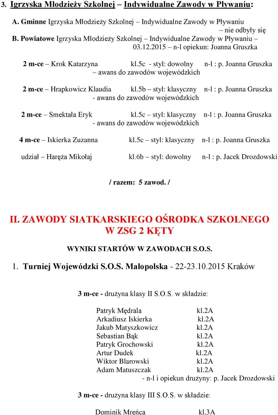 Joanna Gruszka awans do zawodów wojewódzkich 2 m-ce Hrapkowicz Klaudia kl.5b styl: klasyczny n-l : p. Joanna Gruszka - awans do zawodów wojewódzkich 2 m-ce Smektała Eryk kl.5c styl: klasyczny n-l : p.