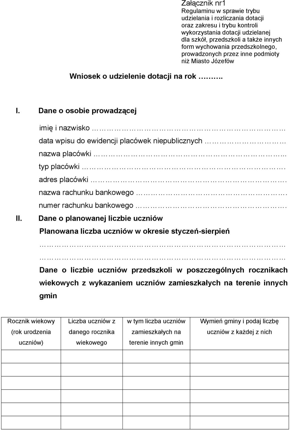 przedszkolnego, prowadzonych przez inne podmioty niż Miasto Józefów I. Dane o osobie prowadzącej II. imię i nazwisko data wpisu do ewidencji placówek niepublicznych nazwa placówki... typ placówki.