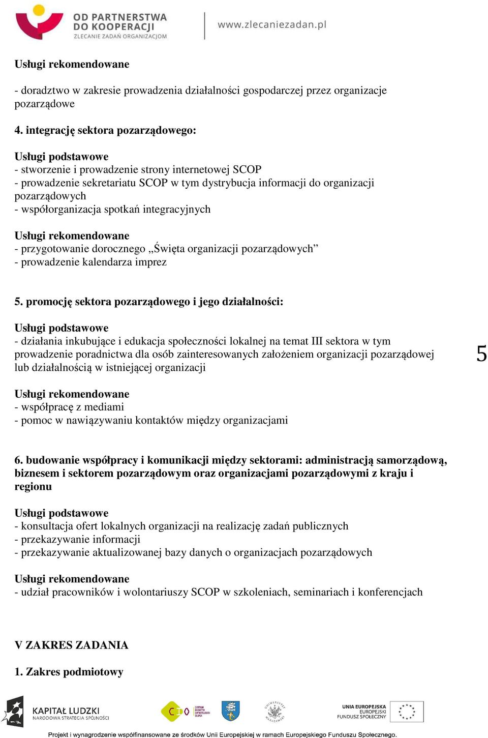 spotkań integracyjnych Usługi rekomendowane - przygotowanie dorocznego Święta organizacji pozarządowych - prowadzenie kalendarza imprez 5.