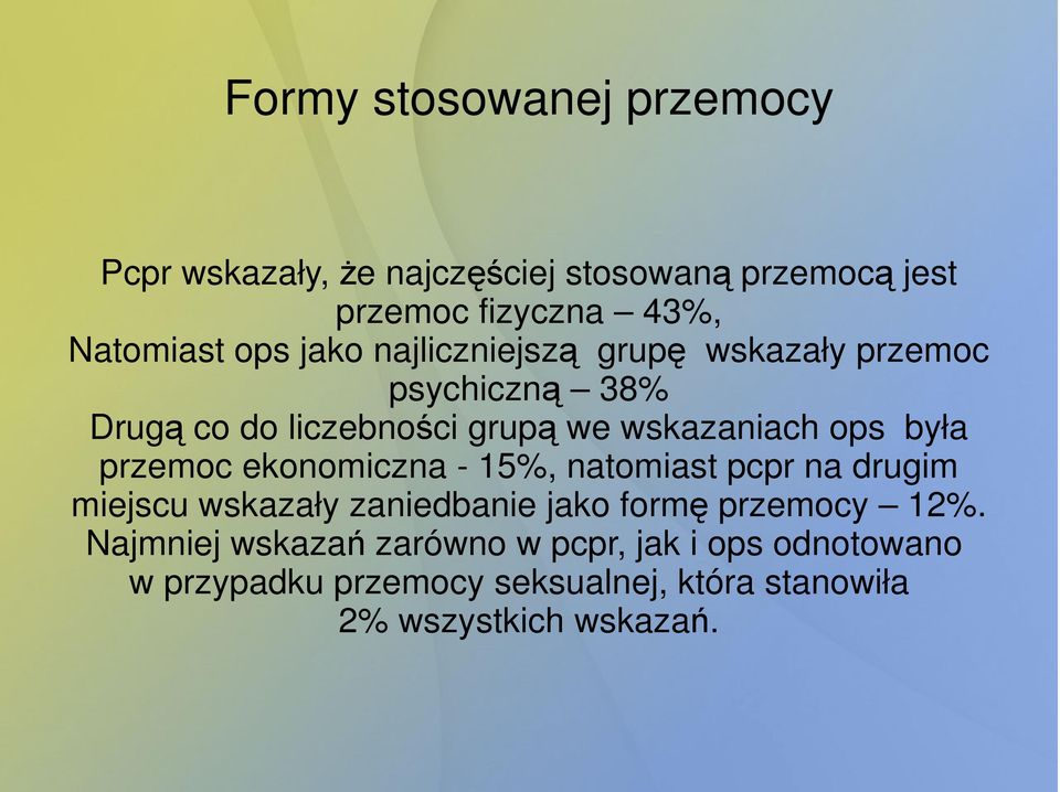 była przemoc ekonomiczna - 15%, natomiast pcpr na drugim miejscu wskazały zaniedbanie jako formę przemocy 12%.