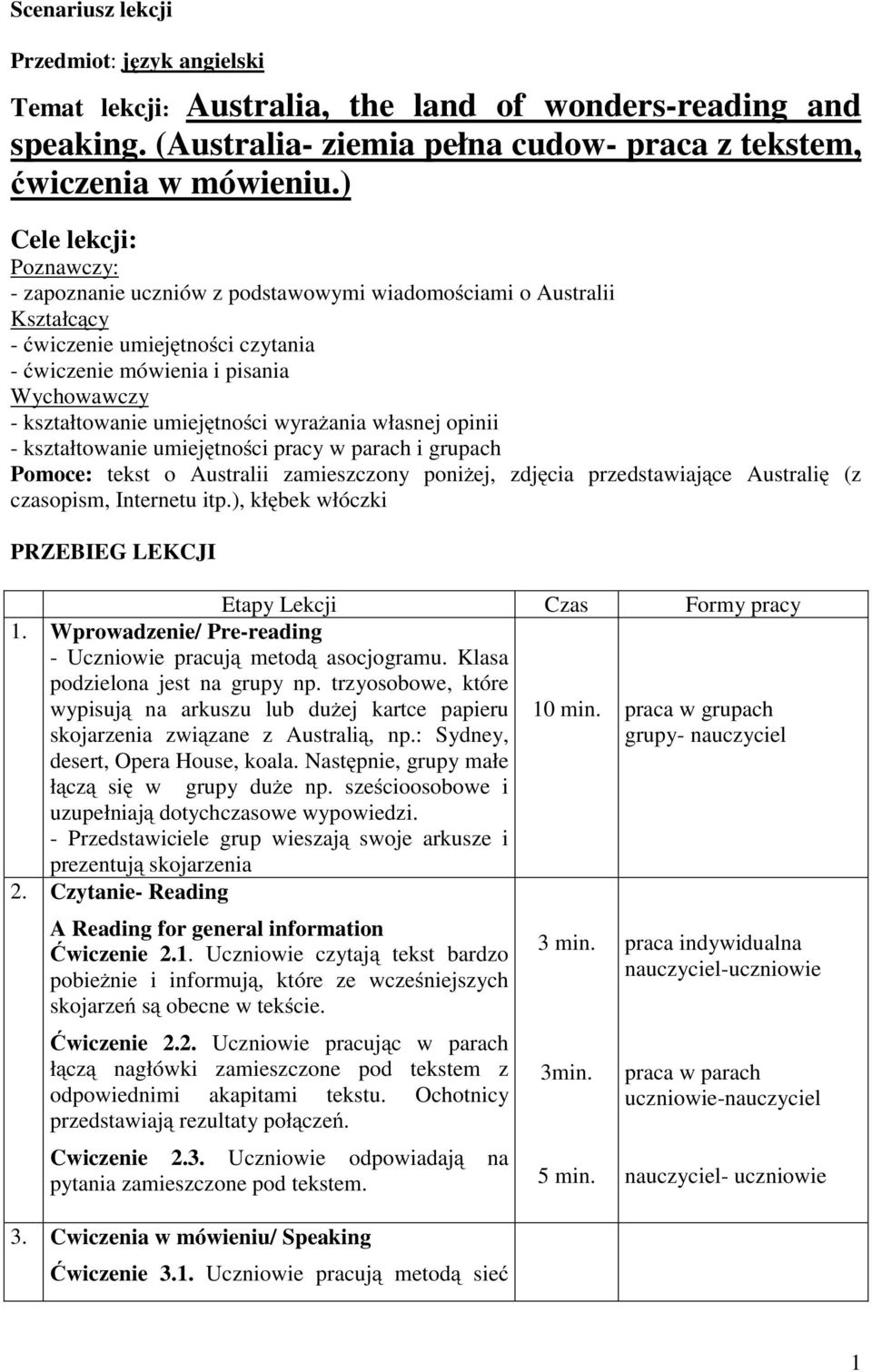 umiejętności wyrażania własnej opinii - kształtowanie umiejętności pracy w parach i grupach Pomoce: tekst o Australii zamieszczony poniżej, zdjęcia przedstawiające Australię (z czasopism, Internetu